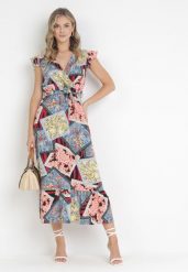 Niebieska Sukienka Pironeus. Niebieskie sukienki Born2be, m, z aplikacjami, z materiału, klasyczne, bez kołnierzyka, bez ramiączek, maxi, kopertowe. Za 49.99 zł.
