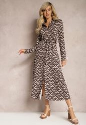 Brązowa Koszulowa Sukienka Midi Ozdobiona Geometrycznym Wzorem i Wiązanym Paskiem Aripel. Brązowe sukienki Renee, l, bez wzorów, z materiału, eleganckie, bez kołnierzyka, bez ramiączek, midi, koszulowe. Za 139.99 zł.