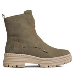 Botki Rieker. Brązowe botki Rieker, bez wzorów, bez obcasa, na płaskiej podeszwie, bez zapięcia. Za 389.99 zł.