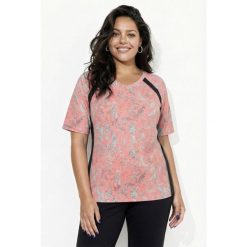 Damskie T-shirt liście siateczka dekolt w szpic rękaw 1/2 z recyklingu. Brązowe t-shirty Ulla Popken, plus size, bez wzorów, z elastanu, bez kołnierzyka, bez ramiączek. Za 199.99 zł.