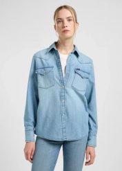 LEE DAMSKA KOSZULA JEANSOWA LEE WESTERN SHIRT MODERN BLUE 112363425. Niebieskie koszule Lee, s, bez wzorów, z jeansu, bez kołnierzyka, bez ramiączek. Za 179.99 zł.