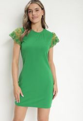 Zielona Dopasowana Sukienka z Koronkowym Rękawkiem Cidariana. Zielone sukienki Born2be, na imprezę, m, bez wzorów, z koronki, eleganckie, bez kołnierzyka, bez ramiączek, mini, dopasowane. Za 64.99 zł.