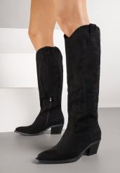 Czarne Kozaki Kowbojki w Klasycznym Stylu z Imitacji Zamszu Lataselia. Czarne kozaki Renee, z jeansu, ze szpiczastym noskiem, bez obcasa, na obcasie, bez zapięcia. Za 179.99 zł.