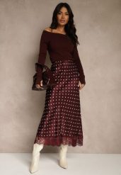 Bordowa Spódnica z Wiskozy High Waist Ozdobiona Kropkami i Koronką Monivia. Czerwone spódnice Renee, na spotkanie biznesowe, bez wzorów, z jeansu, maxi. Za 149.99 zł.