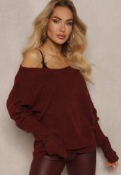 Bordowy Sweter z Lnem Oversize z Dekoltem w Łódkę Sassista. Czerwone swetry Renee, m, bez wzorów, z jeansu, bez ramiączek. Za 119.99 zł.