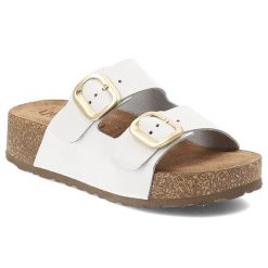 Klapki damskie Yokono, cholewka ze skóry naturalnej licowej z dwoma szerokimi paskami z regulacją na metalowe klamry, białe, Wiwi-003 Opa Blanco. Białe klapki Yokono, bez wzorów, ze skóry, bez obcasa. Za 239.00 zł.