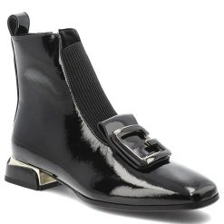 Czarne Botki S.Barski Stylowe Buty Damskie Z Broszką. Czarne botki S.BARSKI, na jesień, bez wzorów, z lakierowanej skóry, bez obcasa, bez zapięcia. Za 299.00 zł.