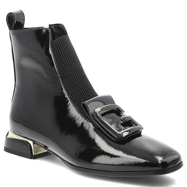 Czarne Botki S.Barski Stylowe Buty Damskie Z Broszką. Czarne botki S.BARSKI, na jesień, bez wzorów, z lakierowanej skóry, bez obcasa, bez zapięcia. Za 299.00 zł.