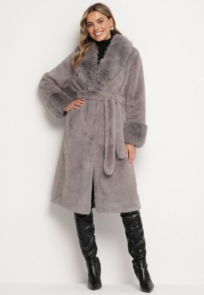 Szary Futerkowy Płaszcz z Szerokim Kołnierzem i Mankietami z Wiązanym Paskiem Viaruna. Szare płaszcze Born2be, l, bez wzorów, z dzianiny, bez kaptura. Za 239.99 zł.