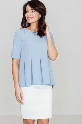 Elegancka Niebieska Bluzka z Kontrafałdami z Przodu. Niebieskie bluzki Katrus, m, bez wzorów, z materiału, eleganckie, bez kołnierzyka, bez ramiączek. Za 199.00 zł.