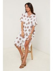 Le Monde du Lin Lniana sukienka w kolorze biało-szarobrązowym rozmiar: 34/36. Białe sukienki Le Monde du Lin, bez wzorów, ze lnu, z asymetrycznym kołnierzem, bez ramiączek, midi, asymetryczne. Za 173.99 zł.