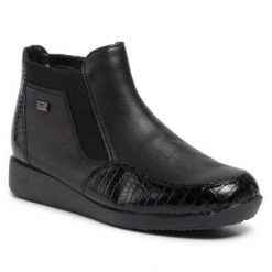 RIEKER 94060-00 Czarny. Czarne botki Rieker, bez wzorów, ze skóry, bez obcasa, bez zapięcia. Za 289.99 zł.