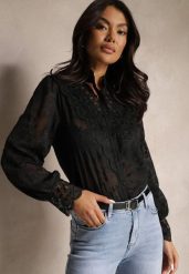 Czarna Koszula z Koronką i Stójką Ozdobiona Eleganckim Haftem Delamaris. Czarne koszule Renee, m, bez wzorów, z jeansu, eleganckie, bez kołnierzyka, bez ramiączek. Za 49.99 zł.