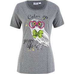 T-shirt bawełniany z motywem zwierzątka bonprix szary melanż. Szare t-shirty bonprix, bez wzorów, z bawełny, bez kołnierzyka, bez ramiączek. Za 34.99 zł.