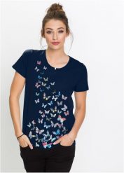 T-shirt z nadrukiem motyli. Niebieskie t-shirty bonprix, bez wzorów, bez kołnierzyka, bez ramiączek. Za 64.99 zł.