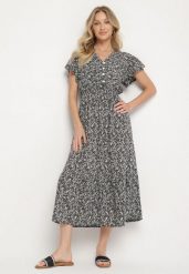 Czarna Bawełniana Sukienka z Guzikami w Kwiaty Izaverra. Czarne sukienki Born2be, l, bez wzorów, z bawełny, bez kołnierzyka, bez ramiączek, midi. Za 49.99 zł.
