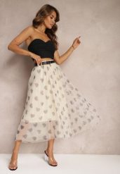 Beżowa Tiulowa Rozkloszowana Spódnica Plisowana z Aplikacjami Serc i Gumką w Pasie Missari. Brązowe spódnice Renee, na co dzień, l, z aplikacjami, z tiulu, eleganckie, midi, plisowane. Za 59.99 zł.
