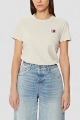 TOMMY JEANS Beżowy damski t-shirt z małym logo, Rozmiar S. Brązowe t-shirty Tommy Jeans, s, bez wzorów, z jeansu, bez kołnierzyka, bez ramiączek. W wyprzedaży za 129.99 zł.