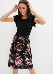 Dżersejowa sukienka z mieszanki wiskozy. Czarne sukienki bonprix, bez wzorów, z dżerseju, bez kołnierzyka, bez ramiączek, mini, rozkloszowane. Za 107.99 zł.