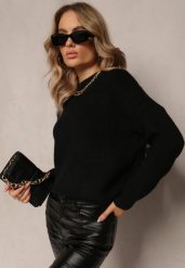 Czarny Sweter Golf z Prążkowanej Dzianiny Ervanna. Czarne golfy Renee, bez wzorów, z dzianiny, bez ramiączek. Za 69.99 zł.