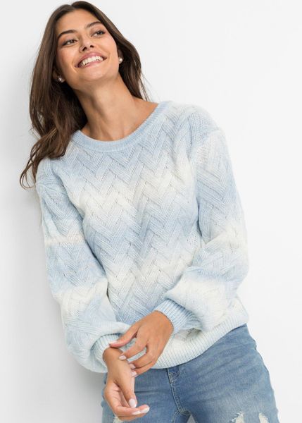 Sweter o pudełkowym kroju. Niebieskie swetry bonprix, bez wzorów, bez ramiączek. Za 122.99 zł.