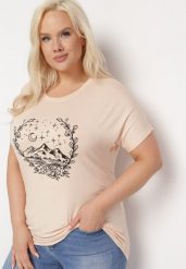 Beżowa Bluzka z Krótkim Rękawem i Ozdobnym Nadrukiem na Środku Blitema. Brązowe bluzki Born2be, xl, bez wzorów, bez kołnierzyka, bez ramiączek. W wyprzedaży za 38.24 zł.