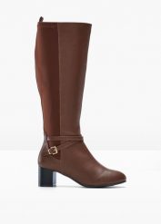 Kozaki. Brązowe kozaki bonprix, bez obcasa, bez zapięcia. Za 229.99 zł.