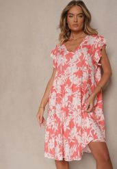 Różowa Kwiatowa Rozkloszowana Sukienka z Bawełny Liravira. Czerwone sukienki Renee, na co dzień, na lato, l, bez wzorów, z bawełny, eleganckie, bez kołnierzyka, bez ramiączek, midi, rozkloszowane. Za 49.99 zł.