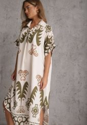 Zielona Wiskozowa Sukienka o Kroju Oversize z Geometrycznym Printem Talon. Zielone sukienki Renee, na lato, l, bez wzorów, z wiskozy, eleganckie, bez kołnierzyka, bez ramiączek, midi, oversize. Za 89.99 zł.