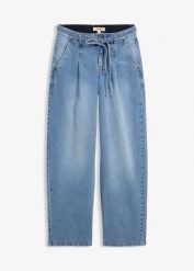 Dżinsy typu barrel, mid waist. Niebieskie jeansy bonprix, bez wzorów. Za 147.99 zł.