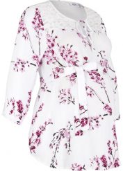 Bluzka ciążowa z wiskozy. Białe bluzki bonprix, z aplikacjami, z koronki, bez kołnierzyka, moda ciążowa, bez ramiączek. Za 119.99 zł.