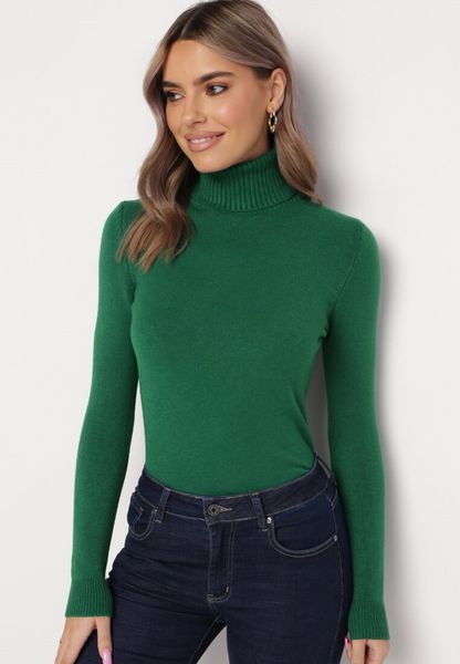 Ciemnozielony Golf z Długim Rękawem Adegera. Zielone golfy Born2be, l, bez wzorów, z dzianiny, bez ramiączek. Za 49.99 zł.