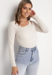 Beżowa Bluzka z Asymetrycznym Dekoltem Tatelia. Brązowe bluzki Born2be, l, bez wzorów, z jeansu, eleganckie, z asymetrycznym kołnierzem, bez ramiączek. W wyprzedaży za 93.49 zł.