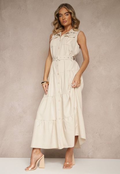 Beżowa Sukienka Koszulowa z Ozdobnymi Guzikami i Paskiem Maviosa. Brązowe sukienki Renee, na co dzień, l, z aplikacjami, eleganckie, bez kołnierzyka, bez ramiączek, maxi, koszulowe. Za 159.99 zł.