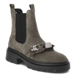 Zielone Botki Karino Modne Buty Damskie. Zielone botki Karino, bez wzorów, z futra, bez obcasa, bez zapięcia. Za 419.00 zł.