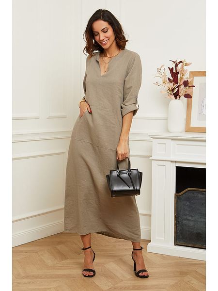 Le Monde du Lin Lniana sukienka w kolorze szarobrązowym rozmiar: 38/40. Brązowe sukienki Le Monde du Lin, bez wzorów, ze lnu, klasyczne, bez kołnierzyka, bez ramiączek, maxi. Za 157.35 zł.