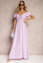 Fioletowa Sukienka z Wiskozy z Gumką w Talii i Kopertowym Dekoltem Rhoneri. Fioletowe sukienki Renee, na imprezę, m, bez wzorów, z wiskozy, eleganckie, bez kołnierzyka, bez ramiączek, maxi, kopertowe. Za 54.99 zł.