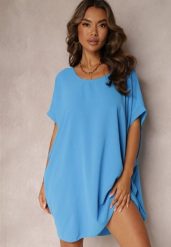Niebieska Sukienka Mini o Fasonie Nietoperza z Okrągłym Dekoltem Maglia. Niebieskie sukienki Renee, bez wzorów, bez kołnierzyka, bez ramiączek, mini. Za 44.99 zł.