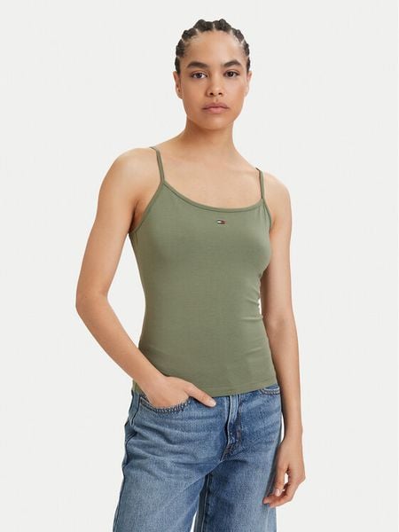 Tommy Jeans Top Essential DW0DW20675 Zielony Slim Fit. Zielone topy Tommy Jeans, s, bez wzorów, z bawełny, bez kołnierzyka, bez ramiączek. Za 78.99 zł.