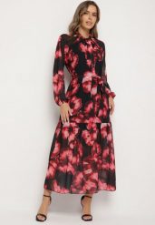 Czarna Pudełkowa Sukienka w Kwiaty z Paskiem Nifle. Czarne sukienki Born2be, do pracy, l, bez wzorów, biznesowe, bez kołnierzyka, bez ramiączek, maxi. Za 149.99 zł.