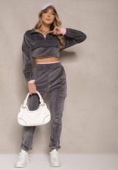 Ciemnoszary Komplet Dresowy Welurowy z Kieszeniami z Klapami Bluza i Spodnie Amarillis. Szare bluzy Renee, m, bez wzorów, z dresówki, bez kaptura. W wyprzedaży za 63.99 zł.