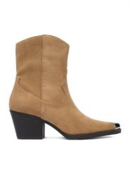 DeeZee Kowbojki BZRB0184-24 Beżowy. Brązowe botki DeeZee, bez wzorów, z materiału, bez obcasa, na słupku, bez zapięcia. Za 199.99 zł.