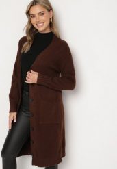 Brązowy Długi Rozpinany Kardigan z Bawełną i Wełną Vamiel. Brązowe kardigany Born2be, bez wzorów, z bawełny. Za 49.99 zł.