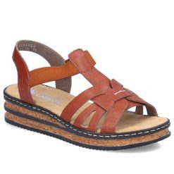 Komfortowe sandały damskie na koturnie brązowe Rieker 62918-62. Brązowe sandały Rieker, bez wzorów, ze skóry ekologicznej, bez obcasa, na koturnie, bez zapięcia. Za 299.00 zł.