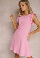 Jasnoróżowa Trapezowa Sukienka z Elastycznej Bawełny z Falbankami Przy Ramionach Aleradia. Czerwone sukienki Renee, na imprezę, na lato, l, bez wzorów, z bawełny, bez kołnierzyka, bez ramiączek, mini, trapezowe. Za 44.99 zł.