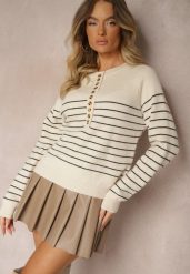 Beżowo-Czarny Sweter z Wiskozą w Poziome Paski z Guzikami przy Dekolcie Irivoni. Brązowe swetry Renee, l, bez wzorów, z jeansu, bez ramiączek. Za 84.99 zł.