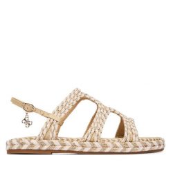 Sandały Guess. Brązowe sandały Guess, z aplikacjami, bez obcasa, na płaskiej podeszwie, bez zapięcia. Za 549.99 zł.