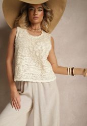 Beżowa Ażurowa Bluzka z Bawełny Aredia. Brązowe bluzki Renee, l, w ażurowe wzory, z bawełny, eleganckie, bez kołnierzyka, bez ramiączek. W wyprzedaży za 69.99 zł.