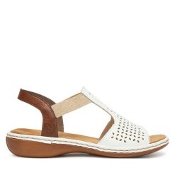 Sandały Rieker. Białe sandały Rieker, bez wzorów, bez obcasa, na płaskiej podeszwie, bez zapięcia. Za 299.99 zł.