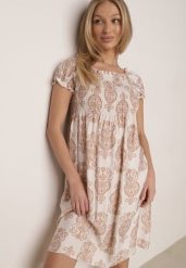 Beżowa Wiskozowa Sukienka Hiszpanka w Etniczny Wzór Hywen. Brązowe sukienki Born2be, na spacer, bez wzorów, z wiskozy, boho, bez kołnierzyka, bez ramiączek, mini. Za 59.99 zł.